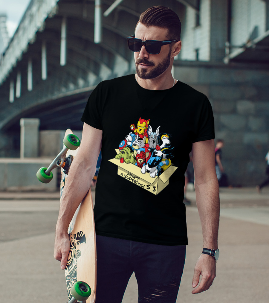 Adopt A Superdog Hero Box With $5 Avengers And Justice League Canine Cosplay T-Shirt