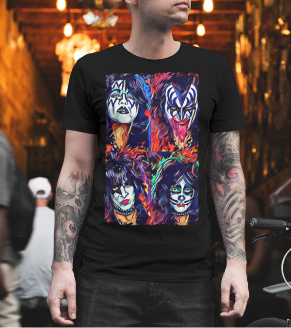 Kiss Band Iconic Face Paint Portraits Fiery Background T-Shirt Kiss Band Iconic Face Paint Portraits Fiery Background T-Shirt