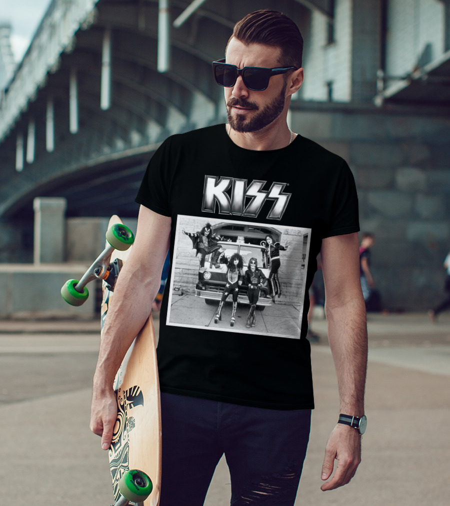 KISS Band On Cadillac With Logo Black And White Photograph T-Shirt