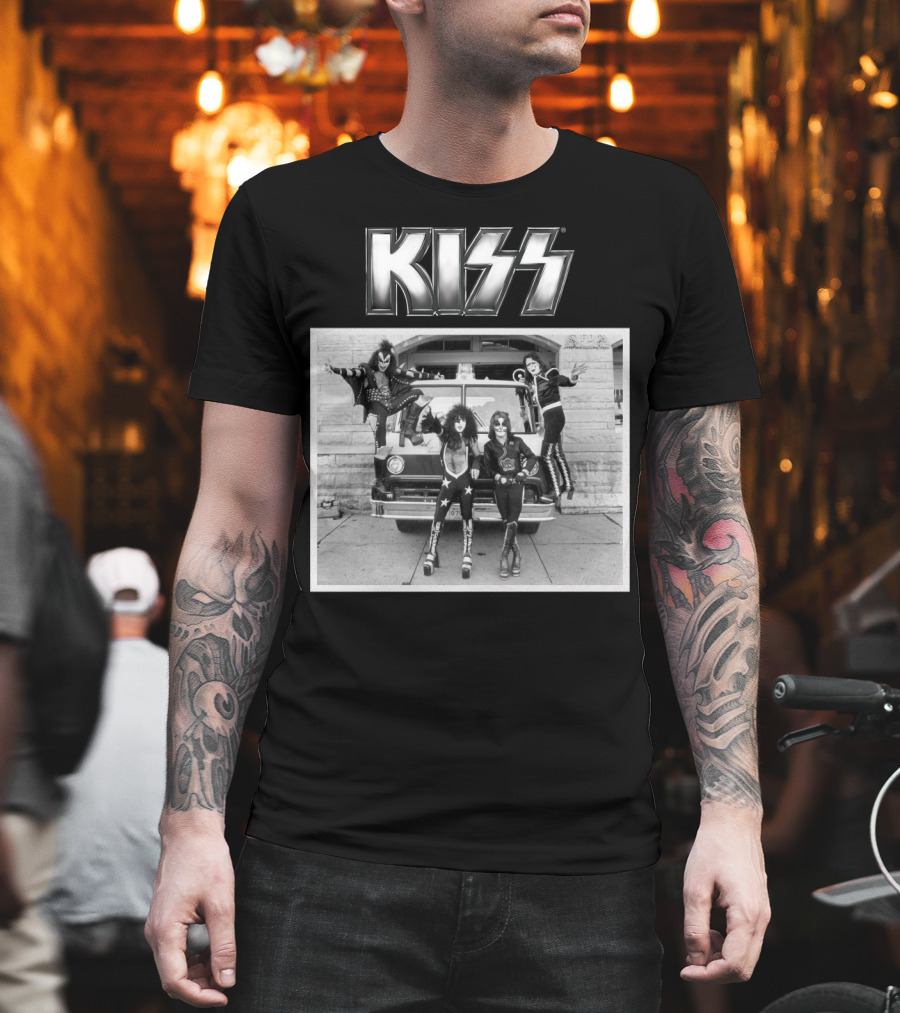 KISS Band on Cadillac with Logo Black and White Photograph T-Shirt