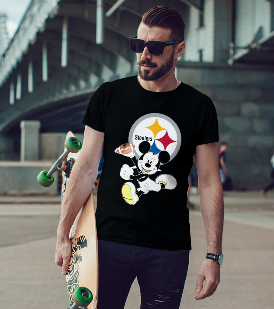 Mickey Mouse With Steelers Logo And Football T-Shirt