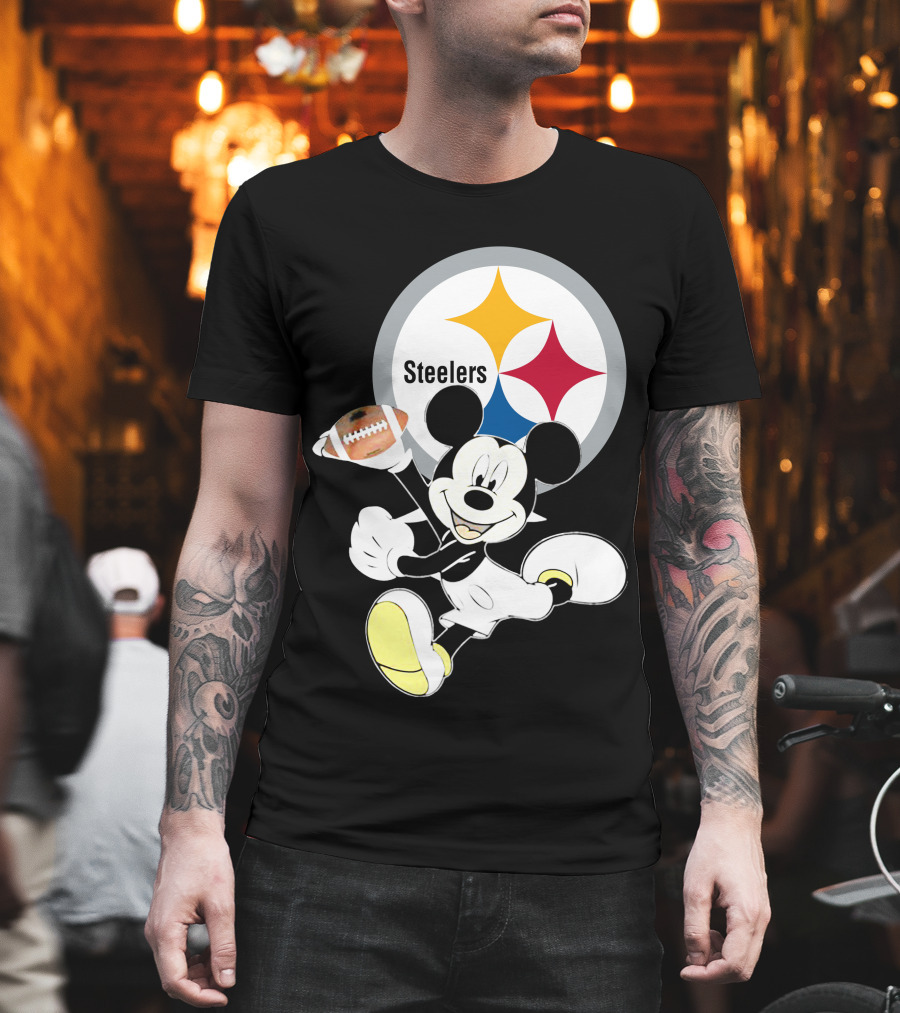 Mickey Mouse With Steelers Logo And Football T-Shirt
