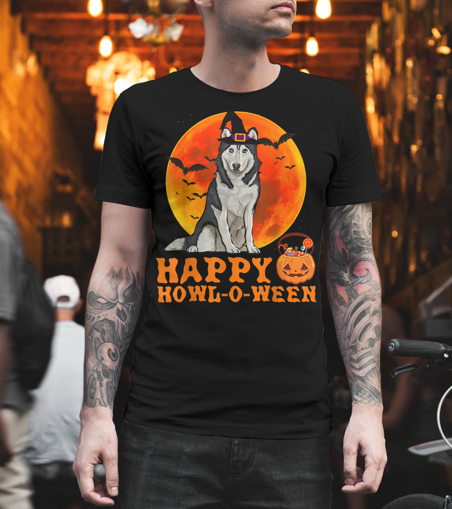 Halloween Siberian Husky Dog Happy Howl-O-Ween Pumpkin Moon Bats T-Shirt
