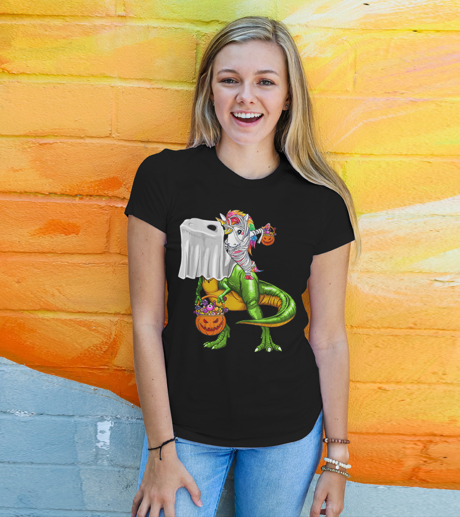 Funny Boo Dinosaur Mummy Unicorn Carrying Pumpkin Halloween T-Shirt