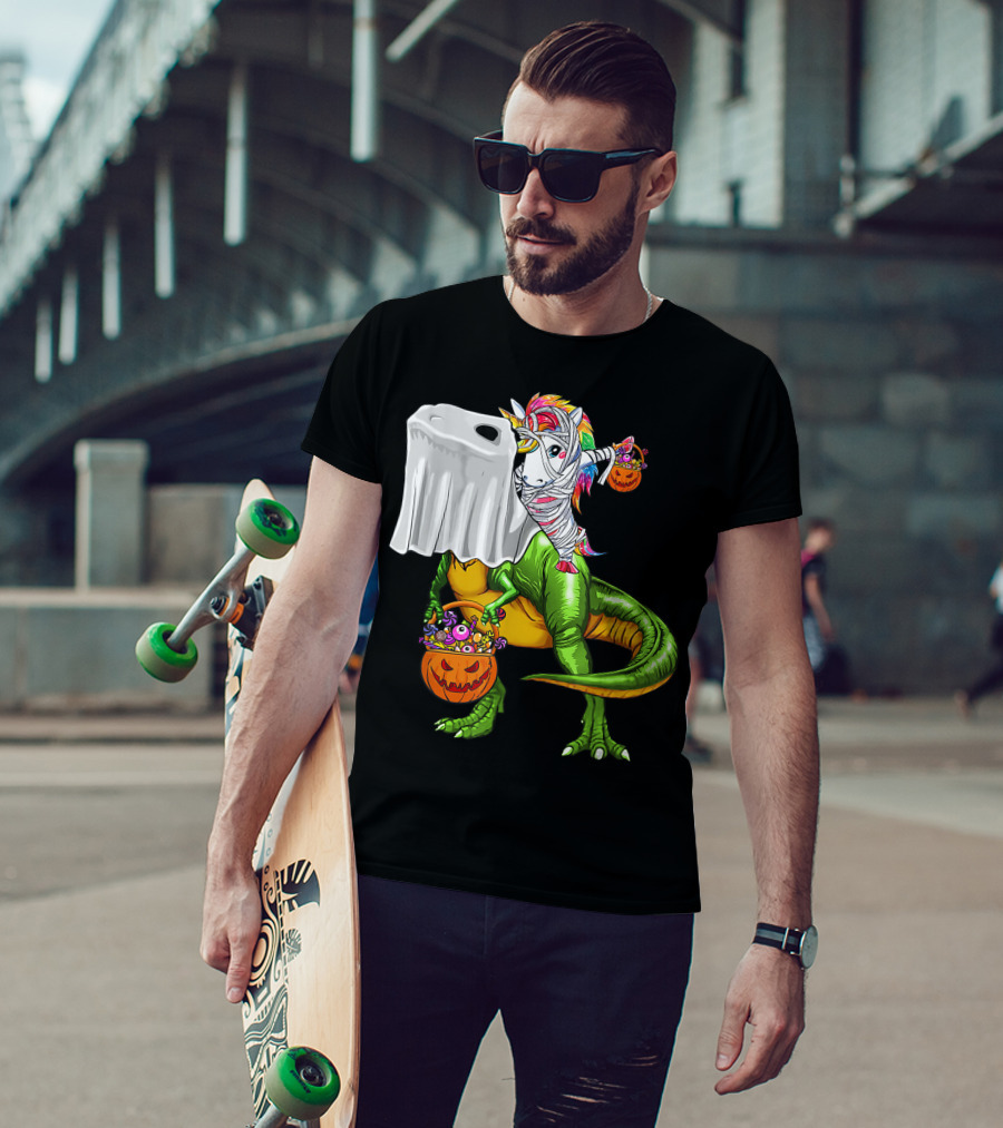 Funny Boo Dinosaur Mummy Unicorn Carrying Pumpkin Halloween T-Shirt