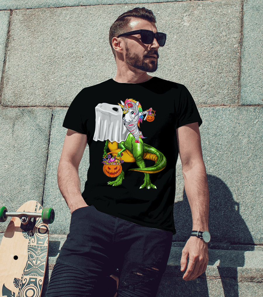 Funny Boo Dinosaur Mummy Unicorn Carrying Pumpkin Halloween T-Shirt