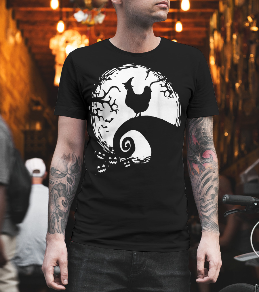 Funny Chicken Halloween Moon Pumpkin Nightmare Hill Scene T-Shirt