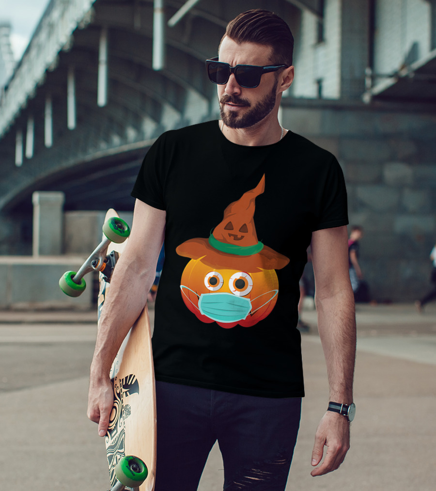 Funny Pumpkin Mask Witch Hat Costume T-Shirt