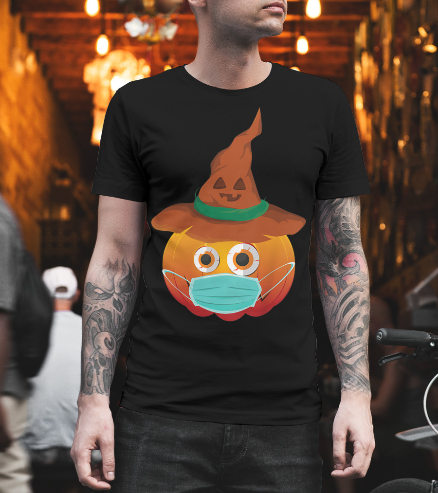 Funny Pumpkin Mask Witch Hat Costume T-Shirt