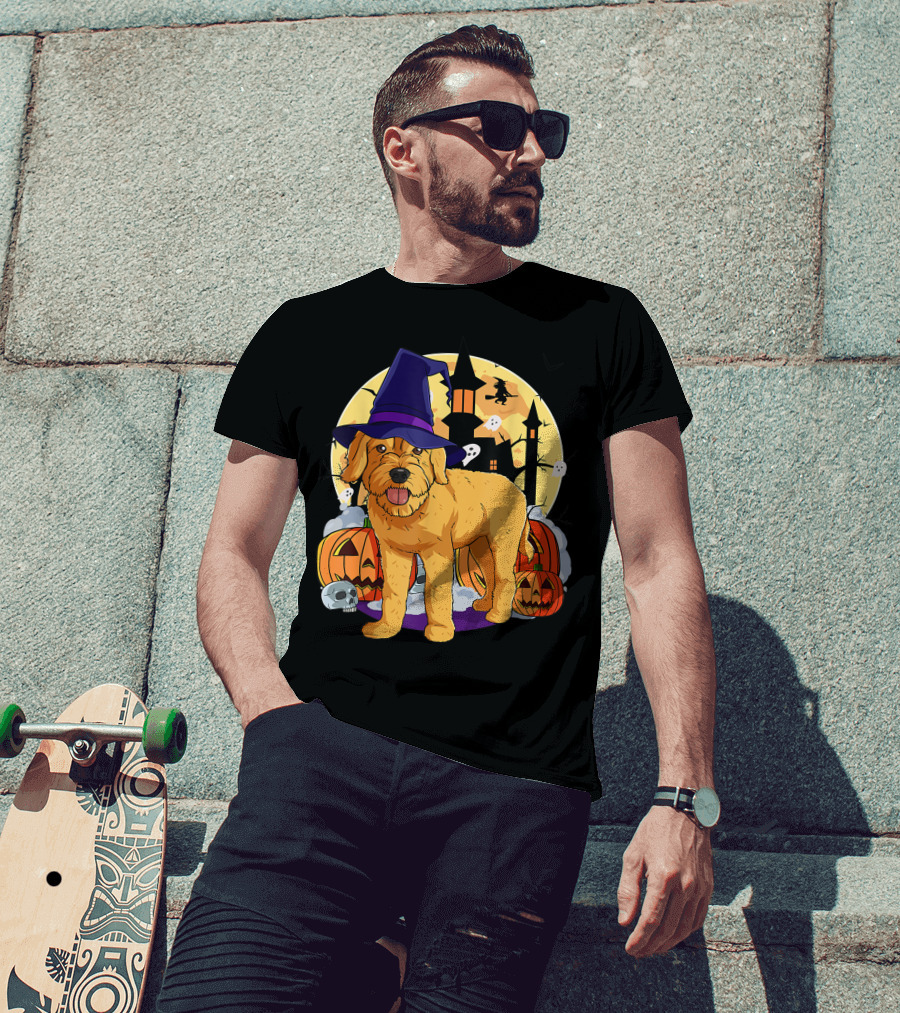 Happy Halloween Goldendoodle Dog Witch Hat Pumpkin Moon Haunted House Ghosts T-Shirt