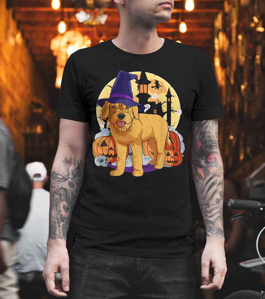 Happy Halloween Goldendoodle Dog Witch Hat Pumpkin Moon Haunted House Ghosts T-Shirt