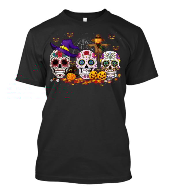Sugar Skull Funny Halloween Pumpkin Witch Hat Autumn T-Shirt
