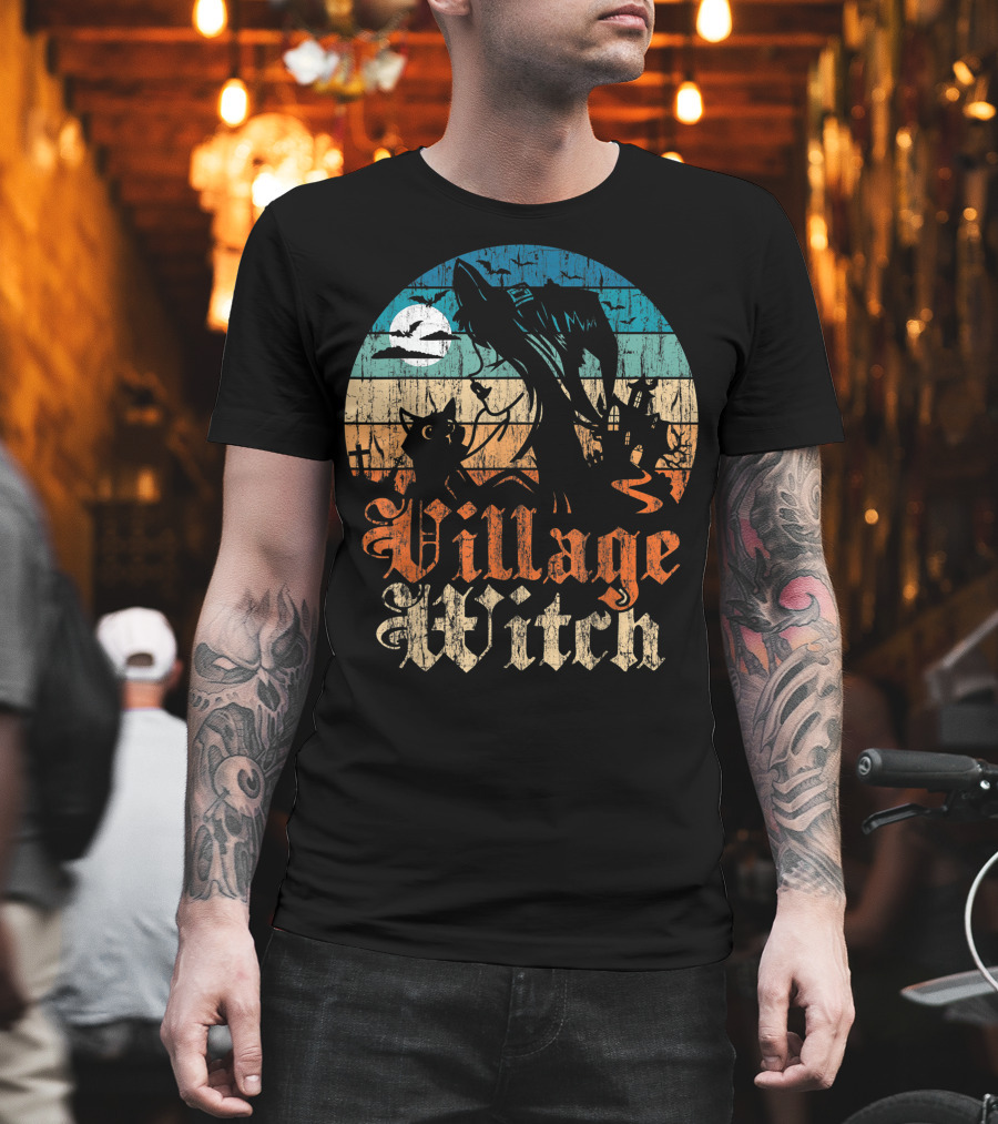 Village Witch Cat Silhouette Moon Sunset T-Shirt