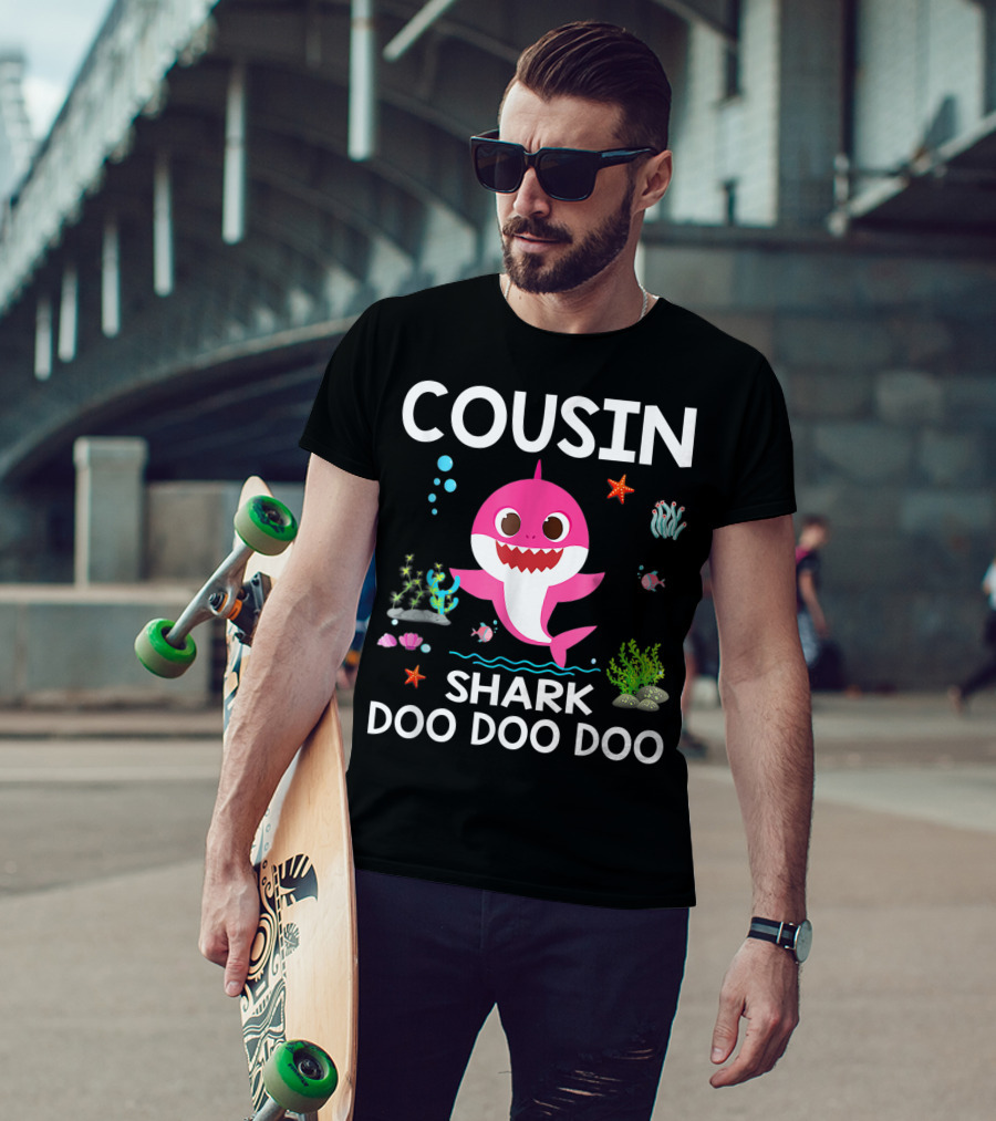 Cousin Shark Doo Doo Doo Funny Cousin Best Birthday With Underwater Sea Creatures And Pink Shark T-Shirt