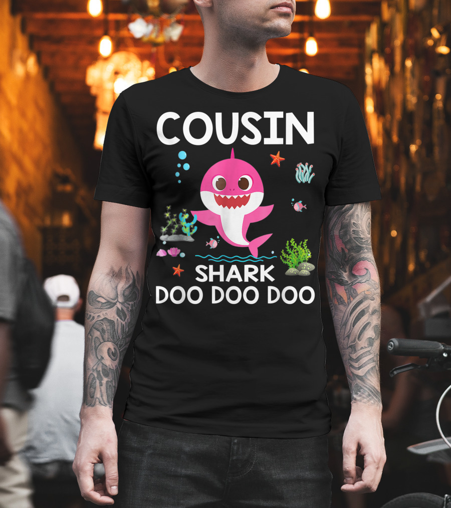 Cousin Shark Doo Doo Doo Funny Cousin Best Birthday with Underwater Sea Creatures and Pink Shark T-Shirt