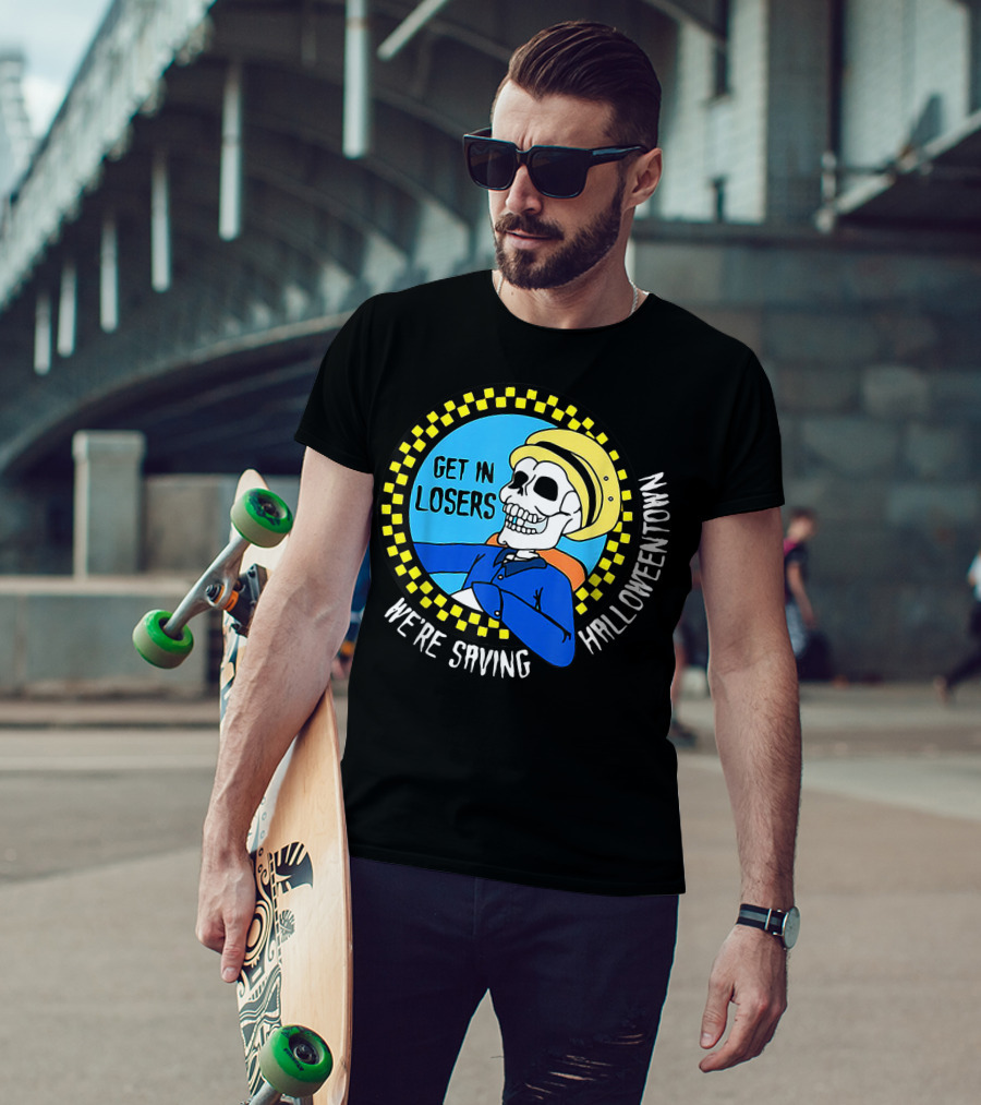 Get In Losers Skull Drive We're Saving Halloween Town Checker Circle Blue Background T-Shirt