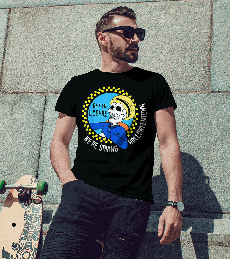 Get In Losers Skull Drive We're Saving Halloween Town Checker Circle Blue Background T-Shirt