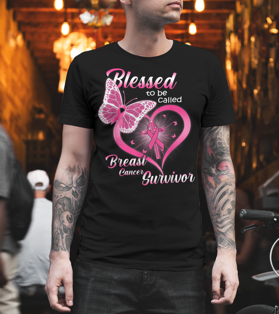 Blessed To Be Called Breast Cancer Survivor Pink Butterfly And Ribbon Heart T-Shirt