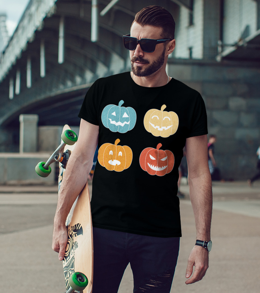 Vintage Halloween Colorful Pumpkin Faces T-Shirt