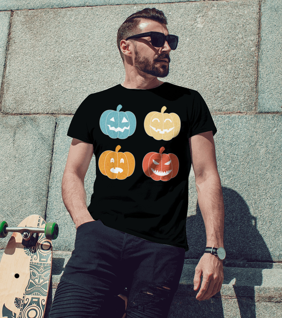 Vintage Halloween Colorful Pumpkin Faces T-Shirt