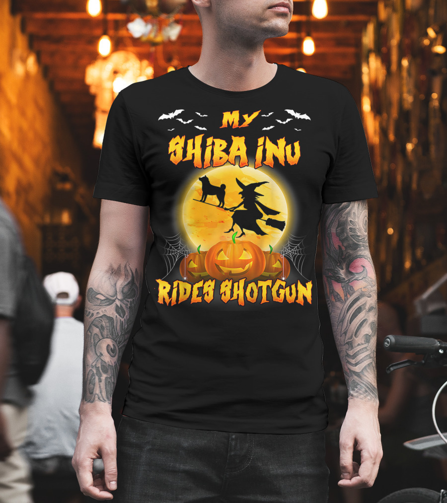 My Shiba Inu Rides Shotgun Halloween Moon Witch Pumpkins T-Shirt
