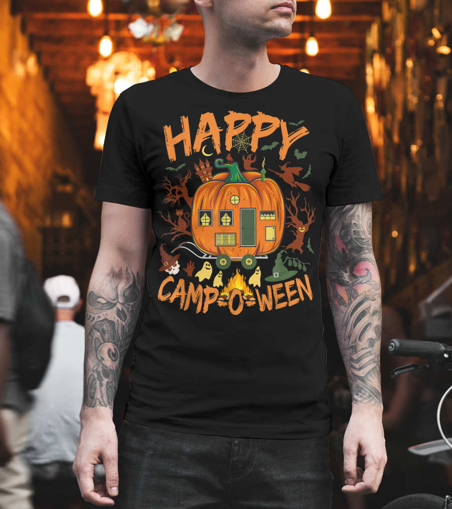 Happy Camp O Ween Halloween Camping Camper with Pumpkin, Ghosts, and Witch Hat T-Shirt