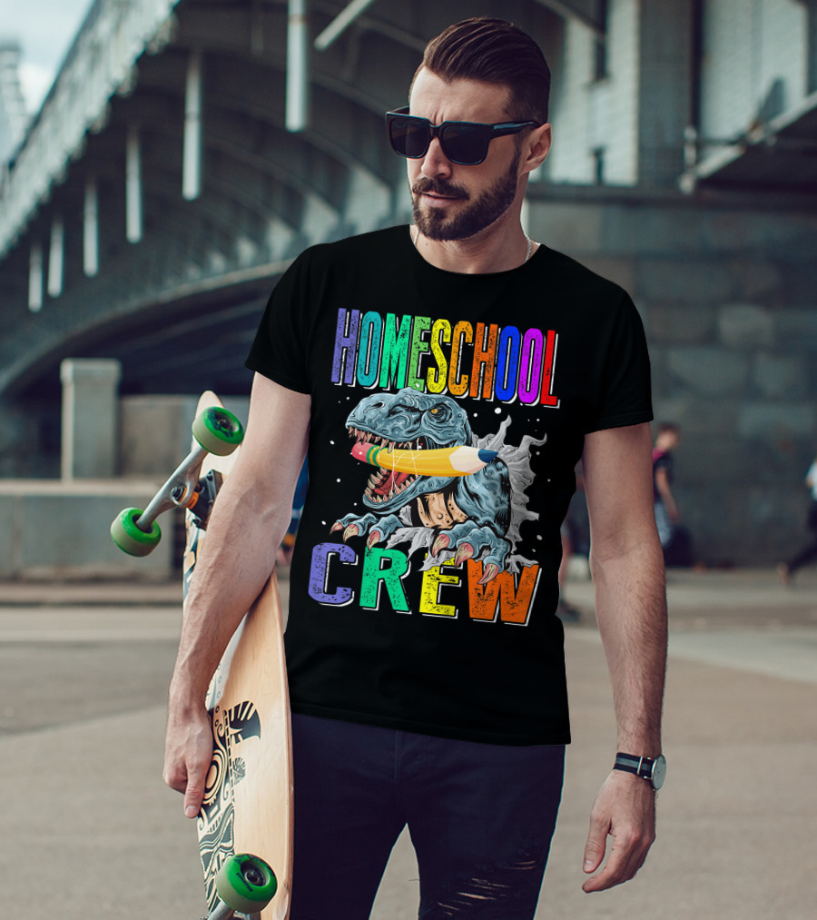 Homeschool Crew Dinosaur Funny Back To School Rainbow Colorful Pencil T-Rex T-Shirt