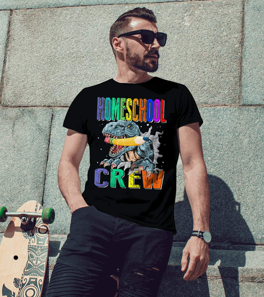 Homeschool Crew Dinosaur Funny Back To School Rainbow Colorful Pencil T-Rex T-Shirt