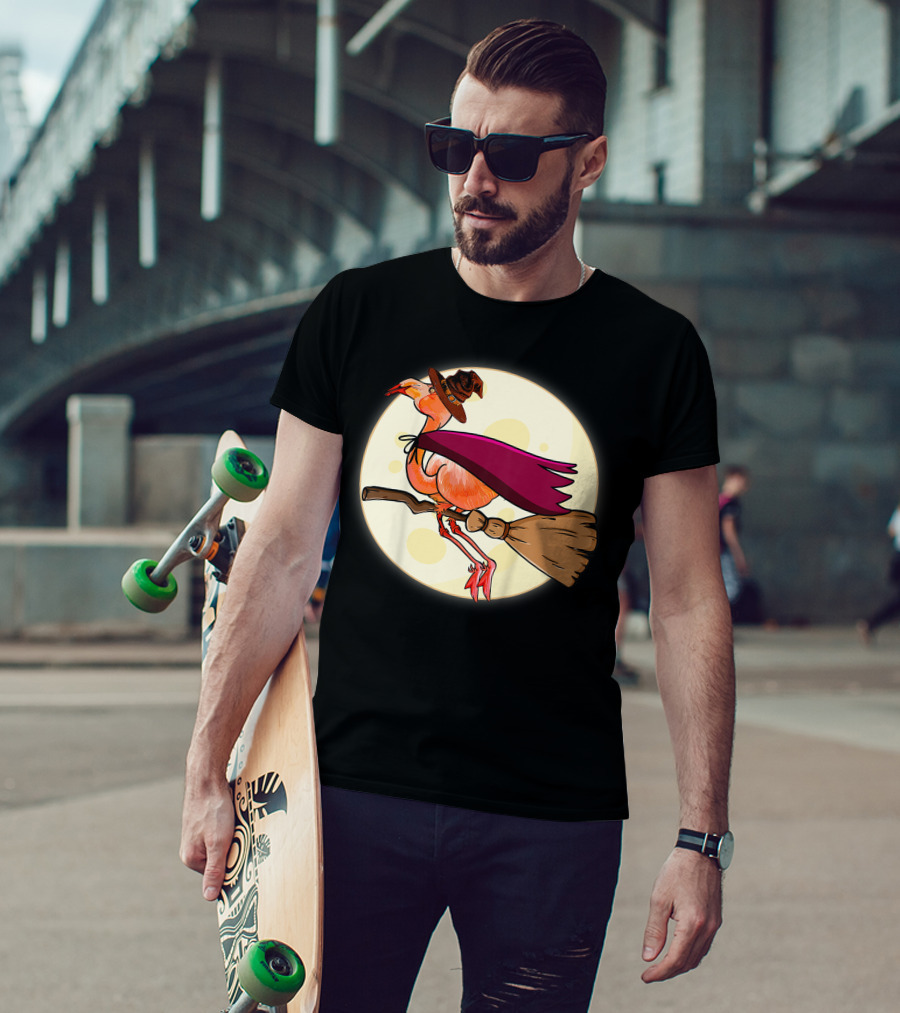 Funny Flamingo Witch Halloween Costume Colorful Lovers Broomstick Moon Hat T-Shirt