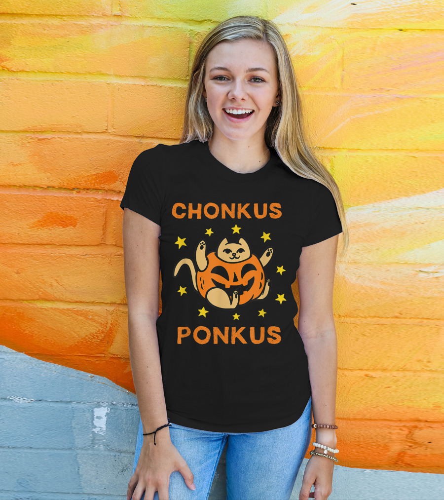 Chonkus Ponkus Funny Halloween Pumpkin Chubby Cat With Stars T-Shirt