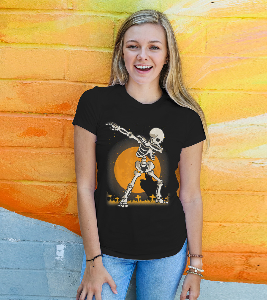 Dabbing Skeleton Dab Best Costume Halloween Moon Graveyard T-Shirt