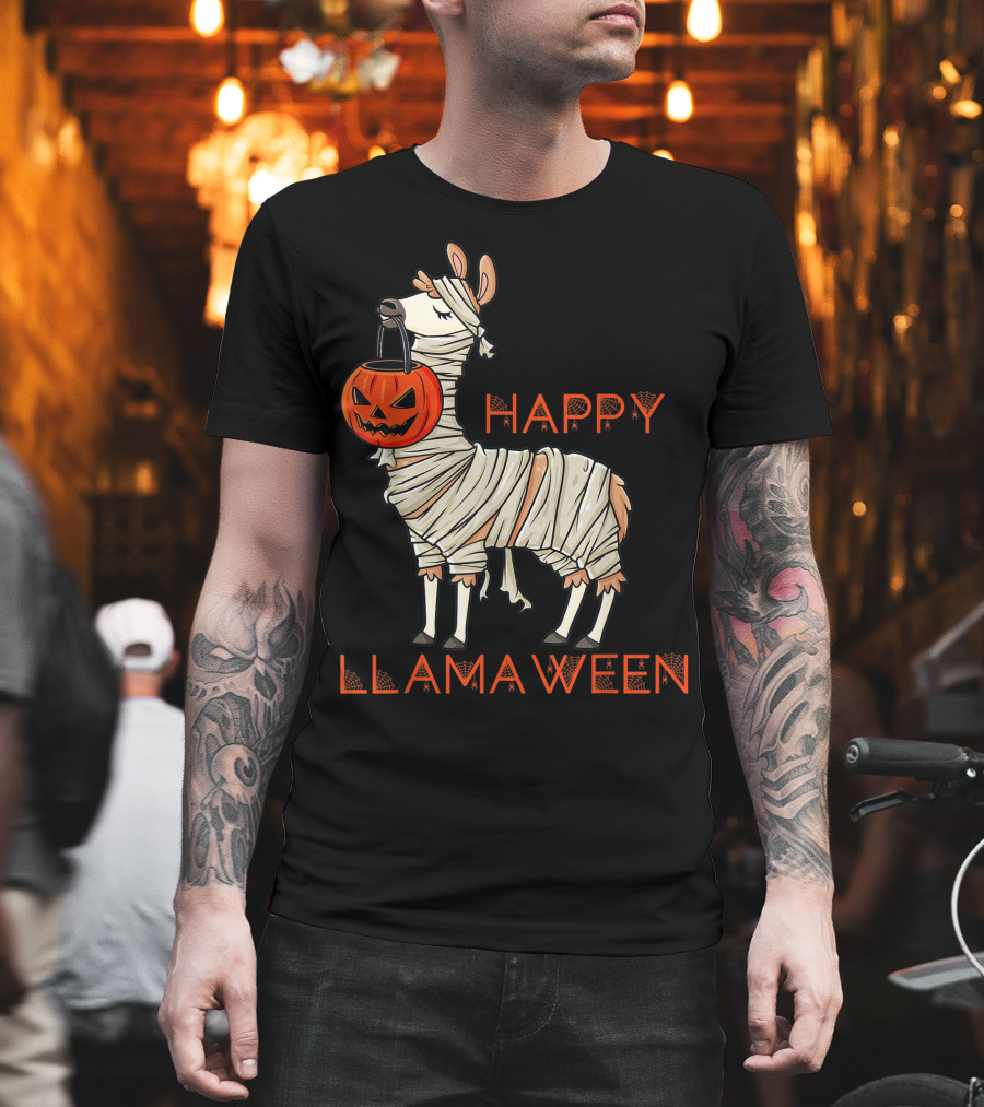 Halloween Llama Mummy Holding Pumpkin Happy Llamaween T-Shirt