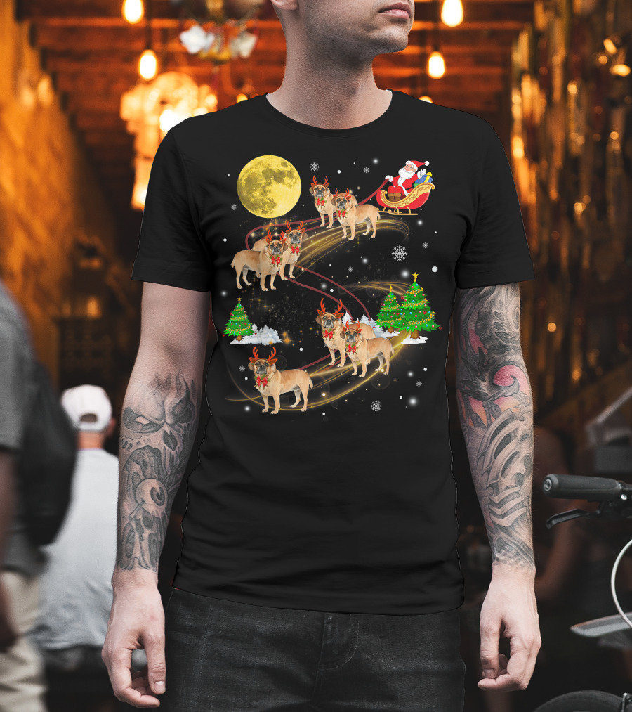 Puggle Reindeer Christmas Santa Sleigh Full Moon Holiday Scene T-Shirt