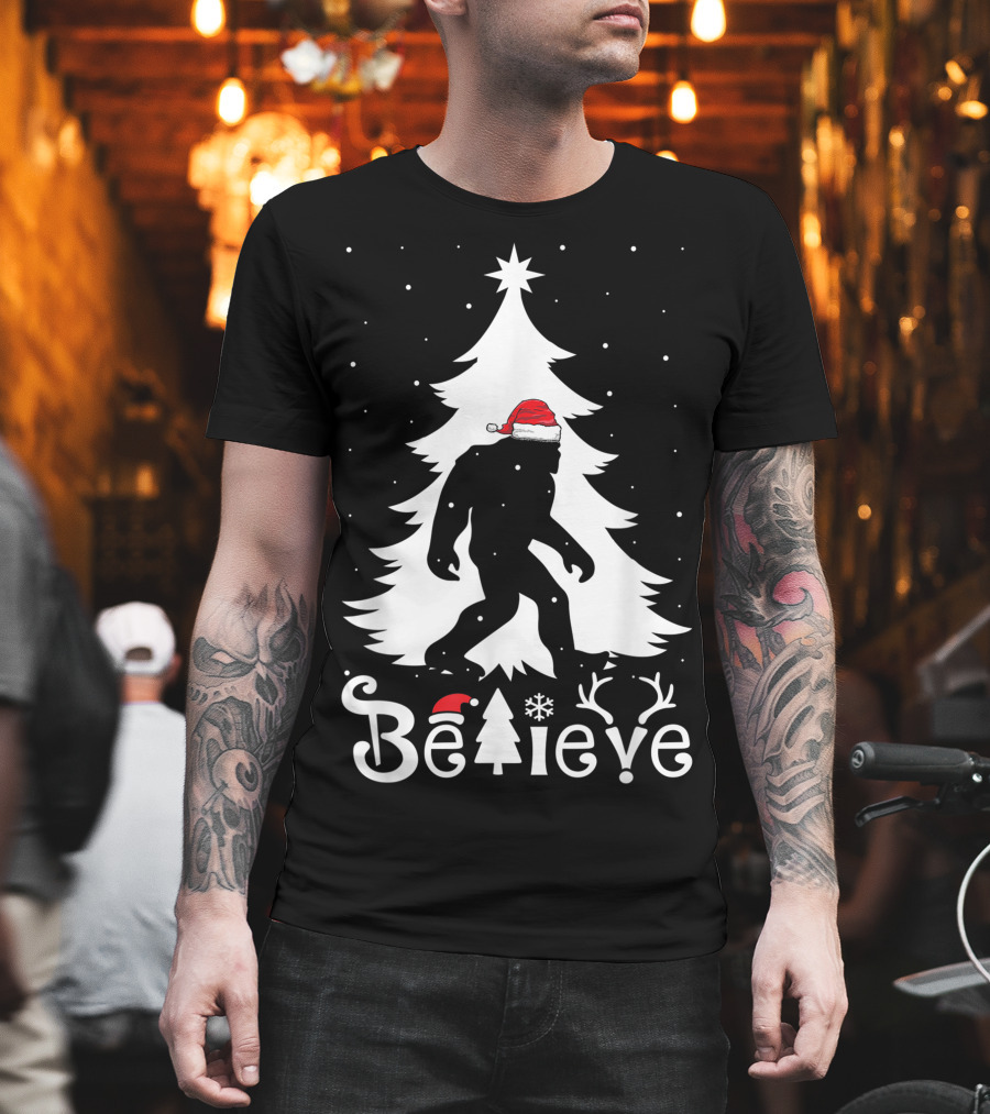 Believe Bigfoot Christmas Santa Hat Snowflakes T-Shirt