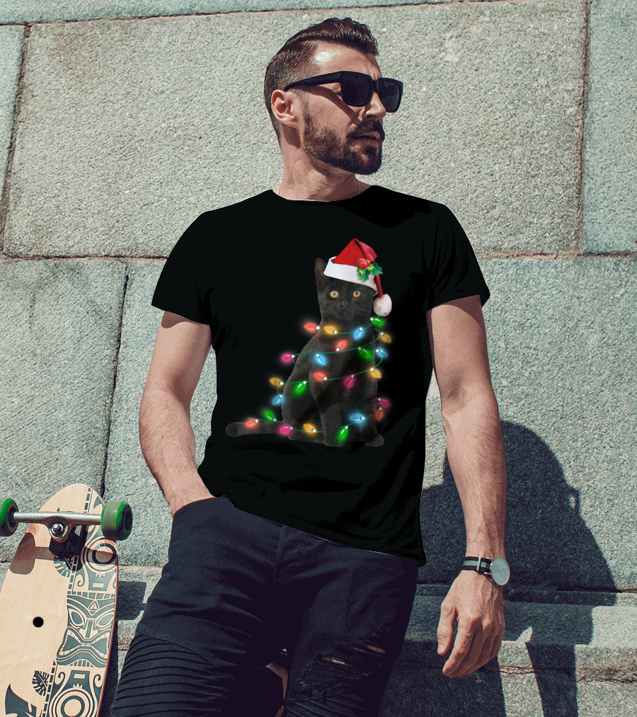 Black Cat In Christmas Lights With Santa Hat For Funny Cat Lover T-Shirt