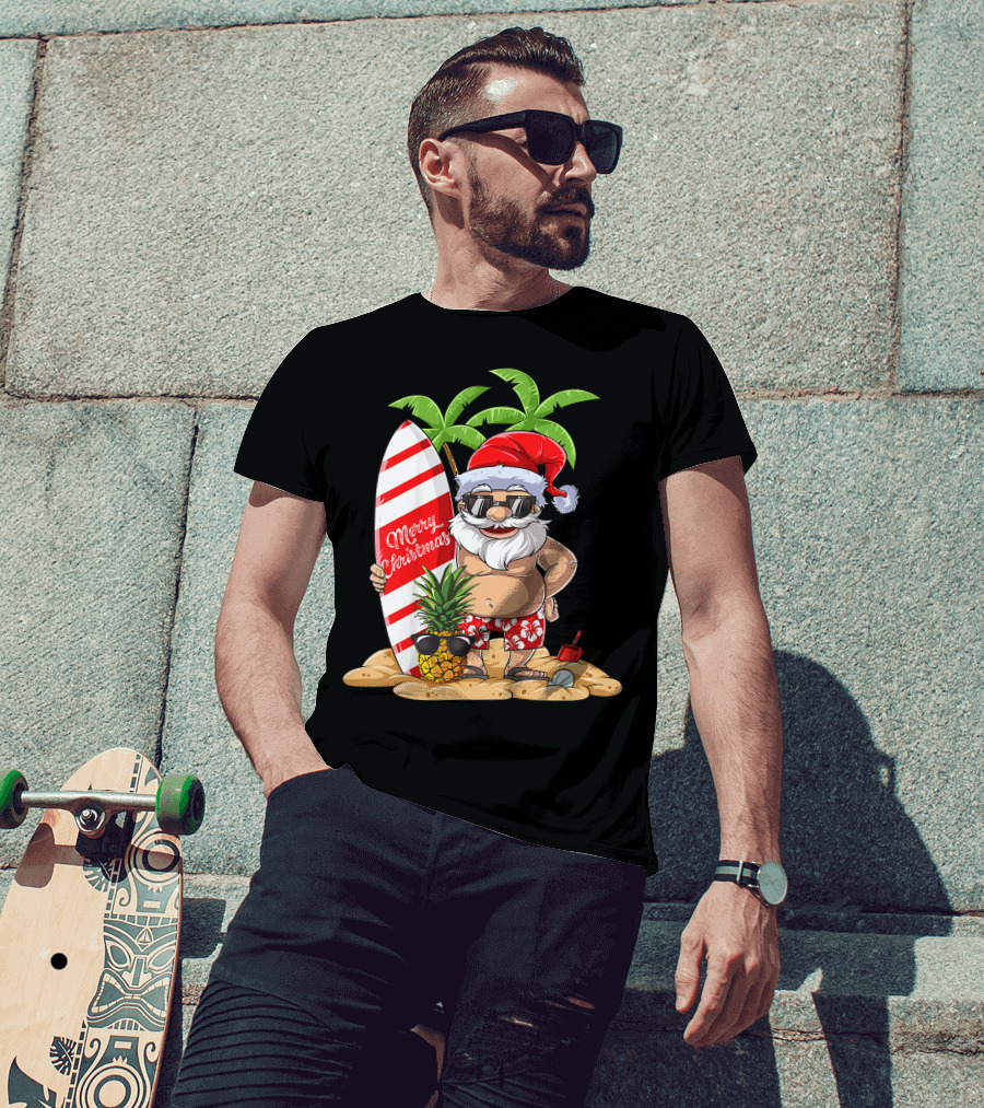 Merry Christmas Santa Hawaiian Surfing Summer Fun Pineapple Beach T-Shirt