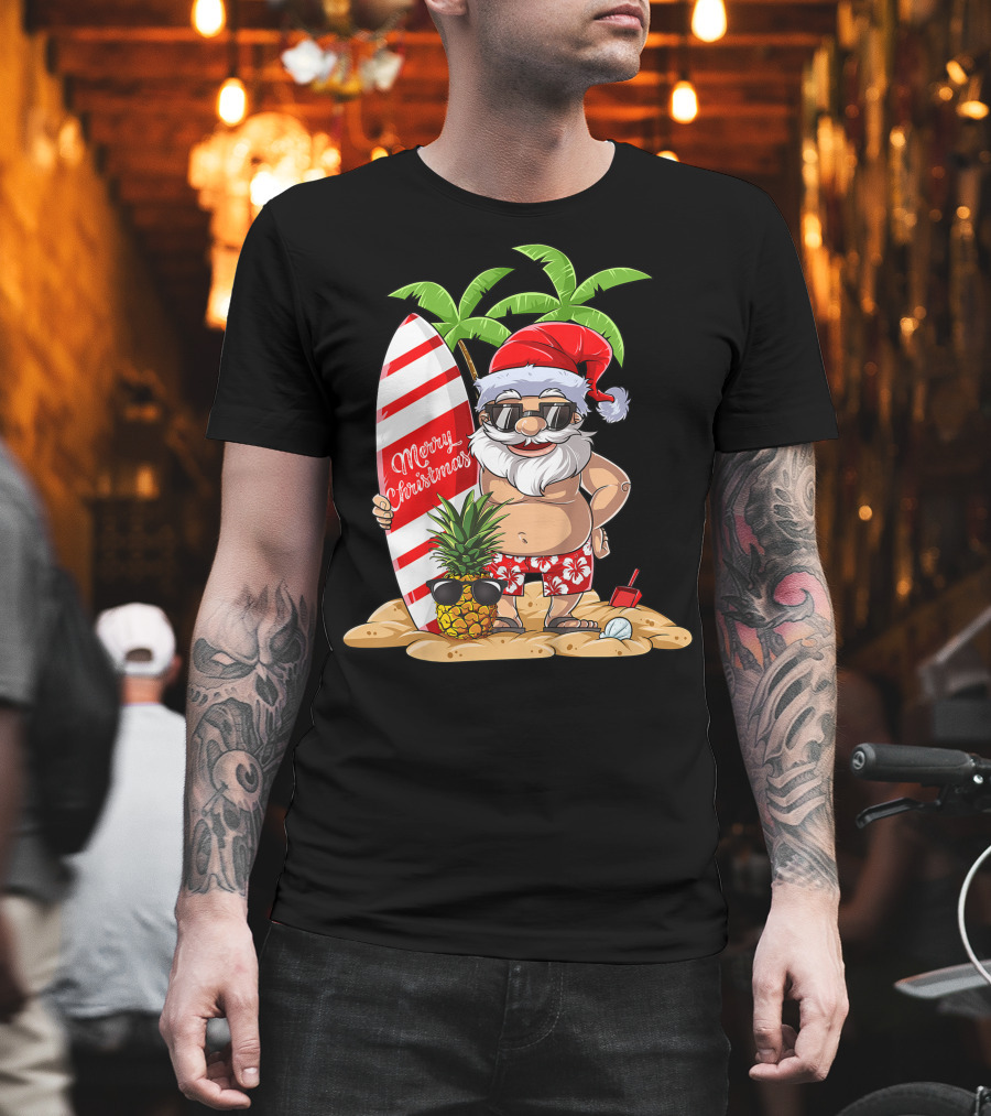 Merry Christmas Santa Hawaiian Surfing Summer Fun Pineapple Beach T-Shirt