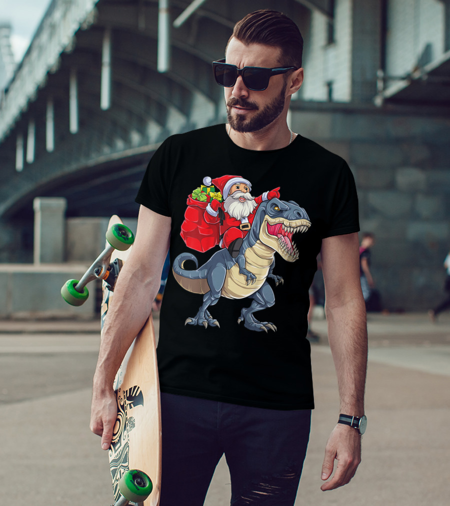 Santa Claus Riding T-Rex With Gifts T-Shirt