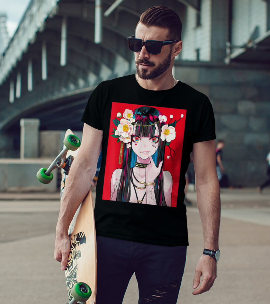 Anime Girl Japanese Aesthetic Otaku Red Background Flowers T-Shirt