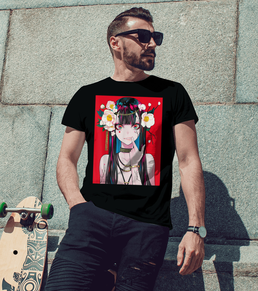 Anime Girl Japanese Aesthetic Otaku Red Background Flowers T-Shirt