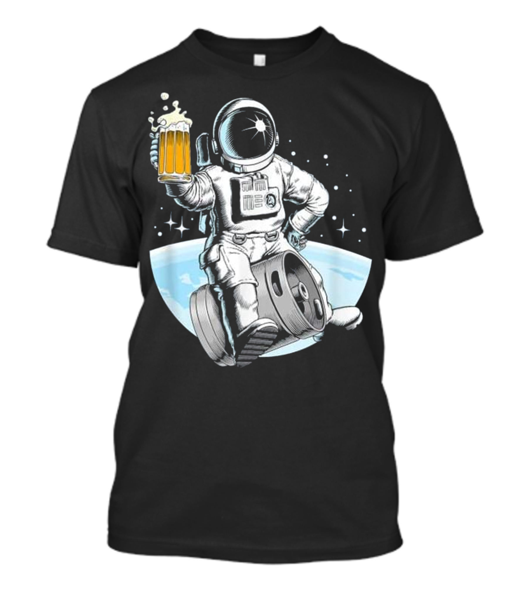 Beer Drinking Astronaut Holding A Mug Of Beer In Space With Stars And Earth Background T-Shirt