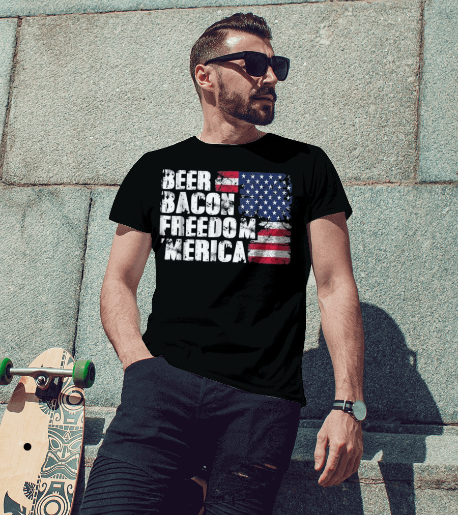 Beer Bacon Freedom Merica American Flag Patriotic T-Shirt