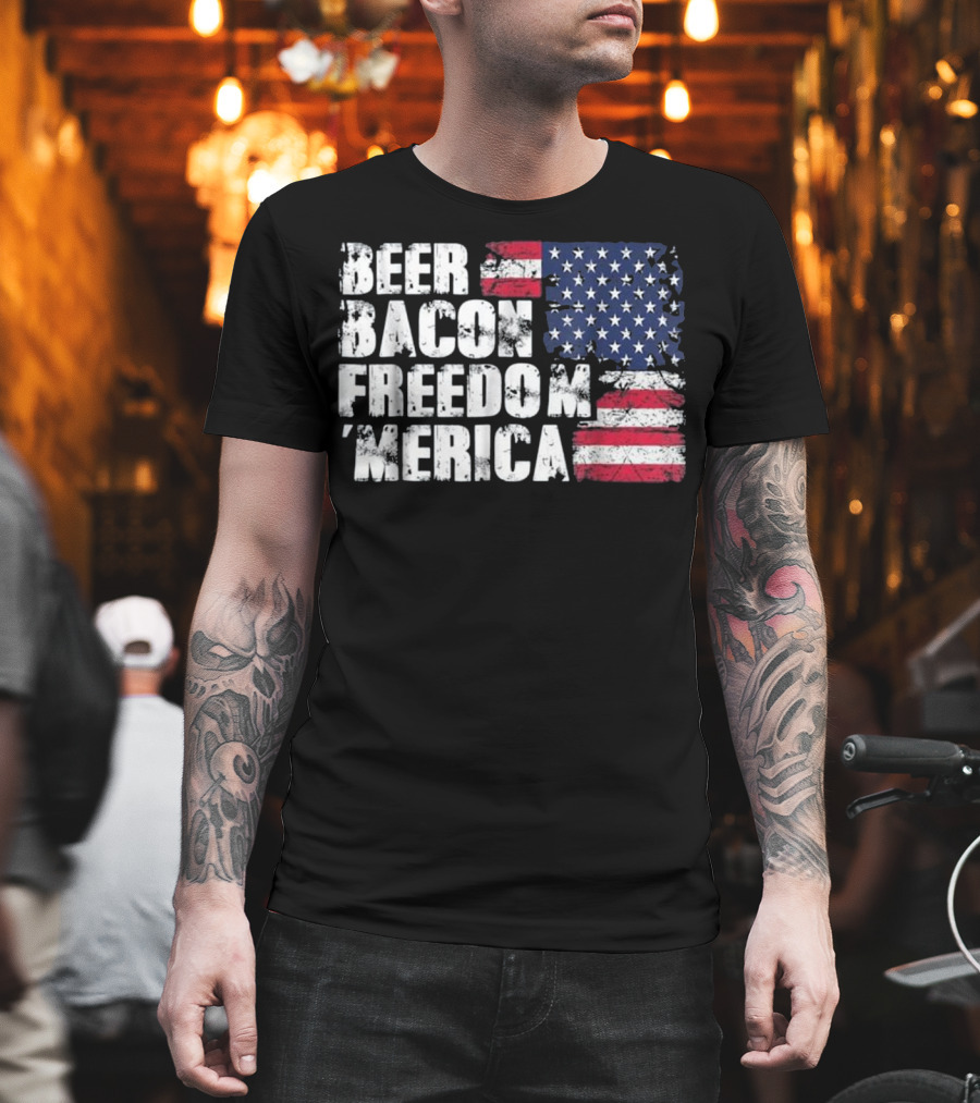 Beer Bacon Freedom Merica American Flag Patriotic T-Shirt