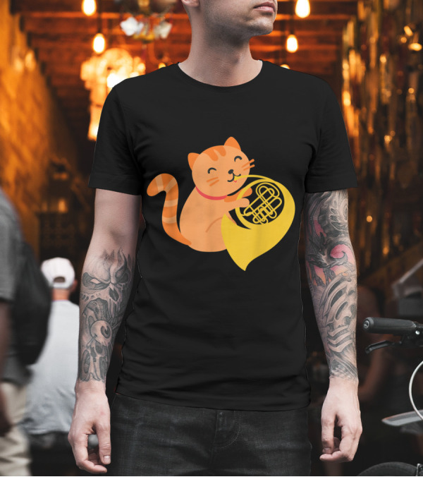 Cat Playing French Horn with Joyful Musical T-Shirt Cat Playing French Horn with Joyful Musical T-Shirt