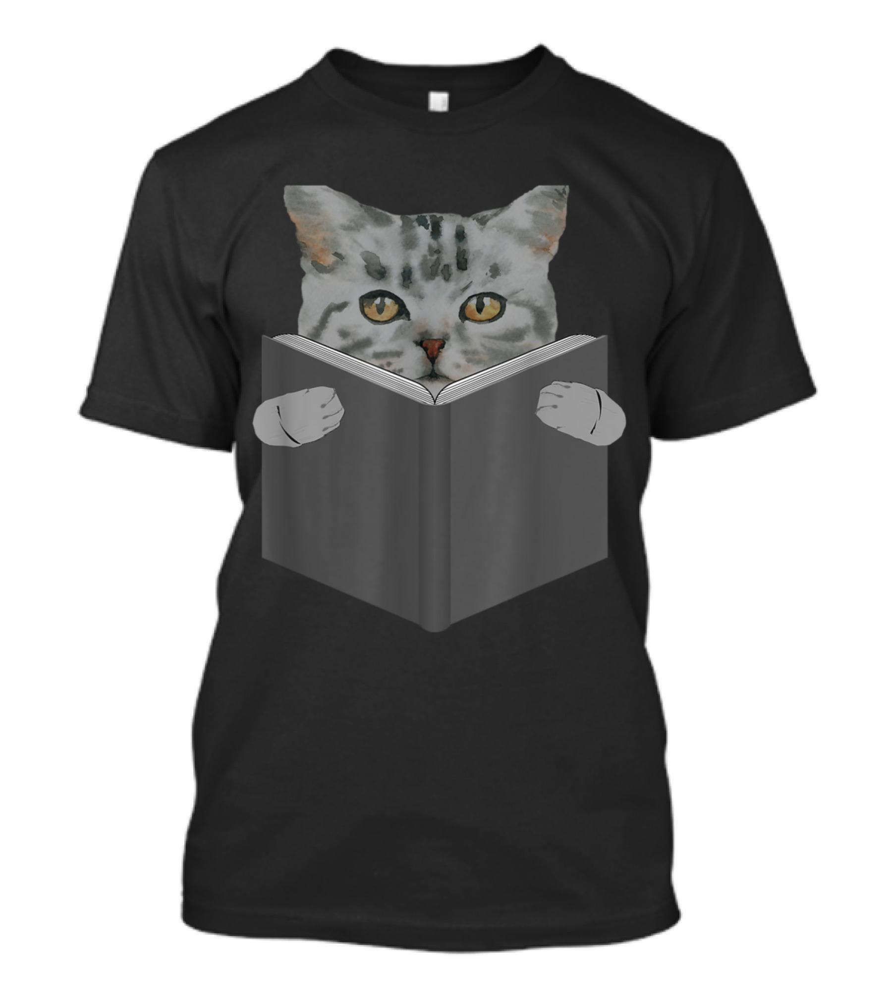 Gray Cat With Yellow Eyes Peeking Over Book T-Shirt