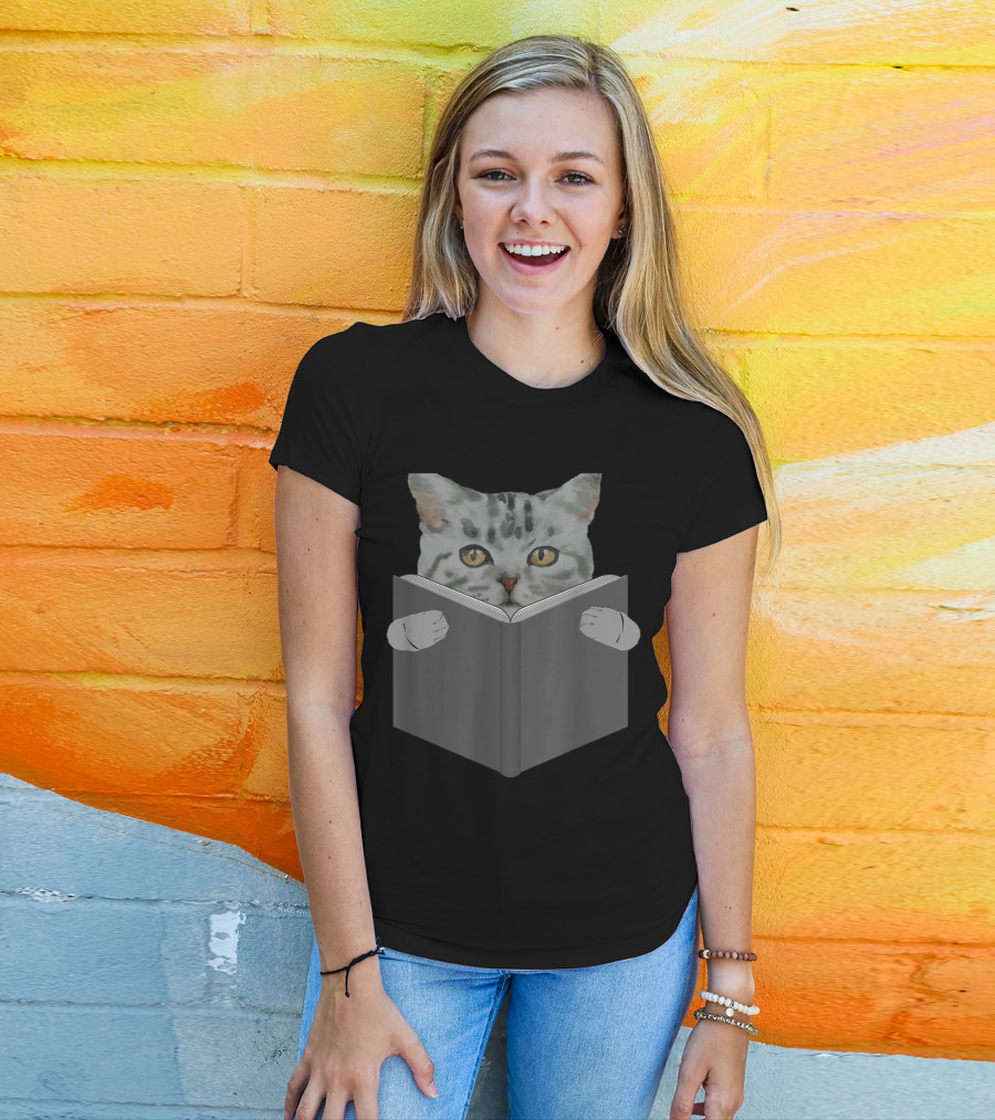 Gray Cat With Yellow Eyes Peeking Over Book T-Shirt