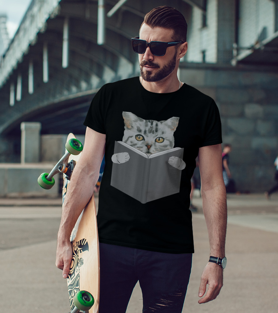 Gray Cat With Yellow Eyes Peeking Over Book T-Shirt