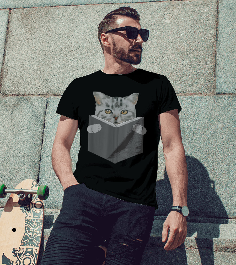 Gray Cat With Yellow Eyes Peeking Over Book T-Shirt