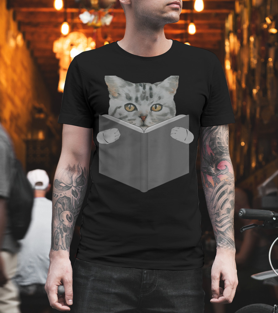 Gray Cat With Yellow Eyes Peeking Over Book T-Shirt