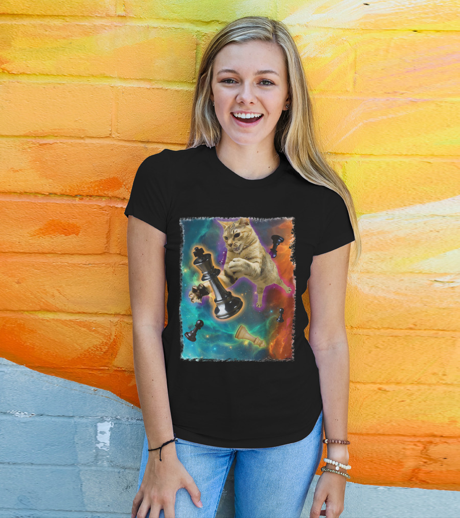 Cats Battling Chess Pieces In Cosmic Space Adventure T-Shirt